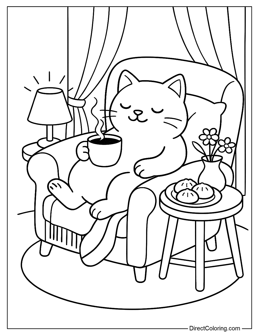 Lazy Cat Drinking Coffee Coloring Page